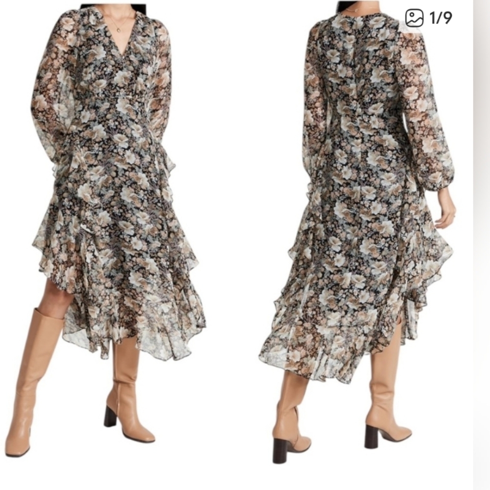 Astr Black and White Asymmetrical Wrap Dress with Bishop Sleeves